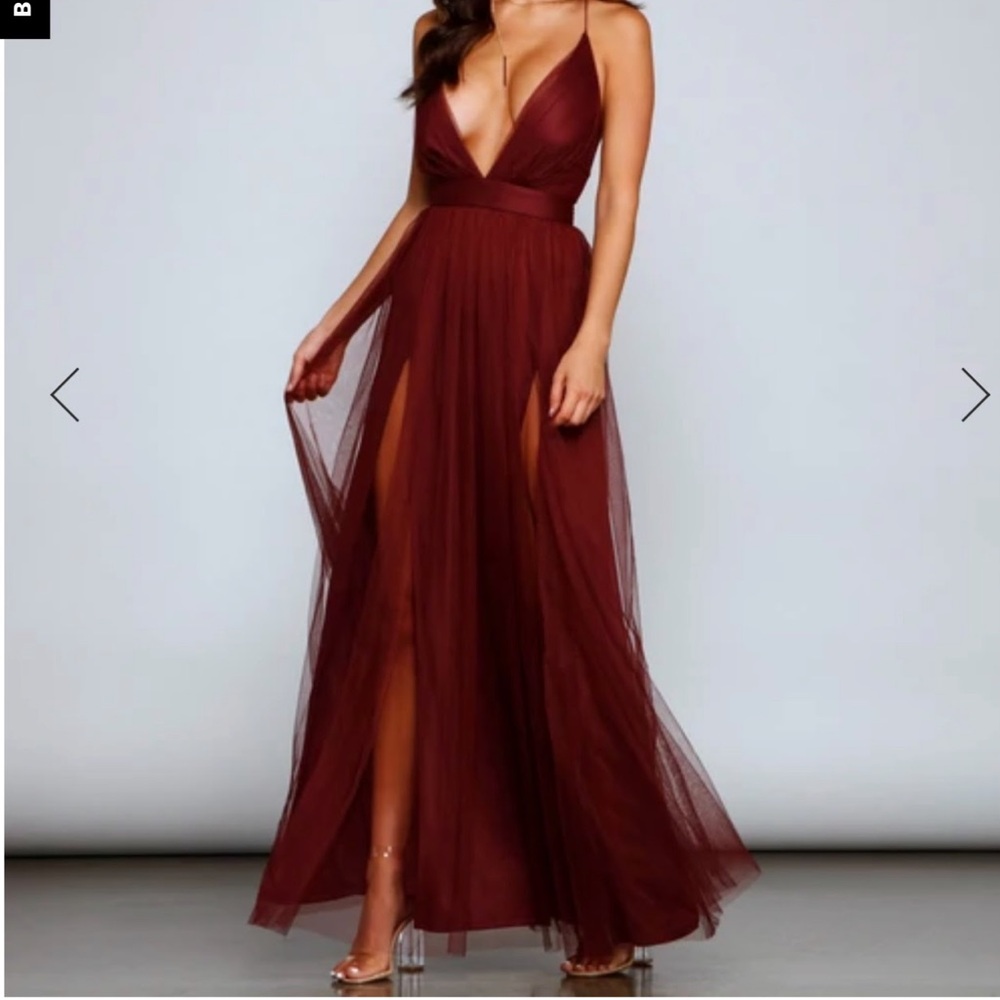 Windsor Double Slit Burgundy Tulle Maxi Dress